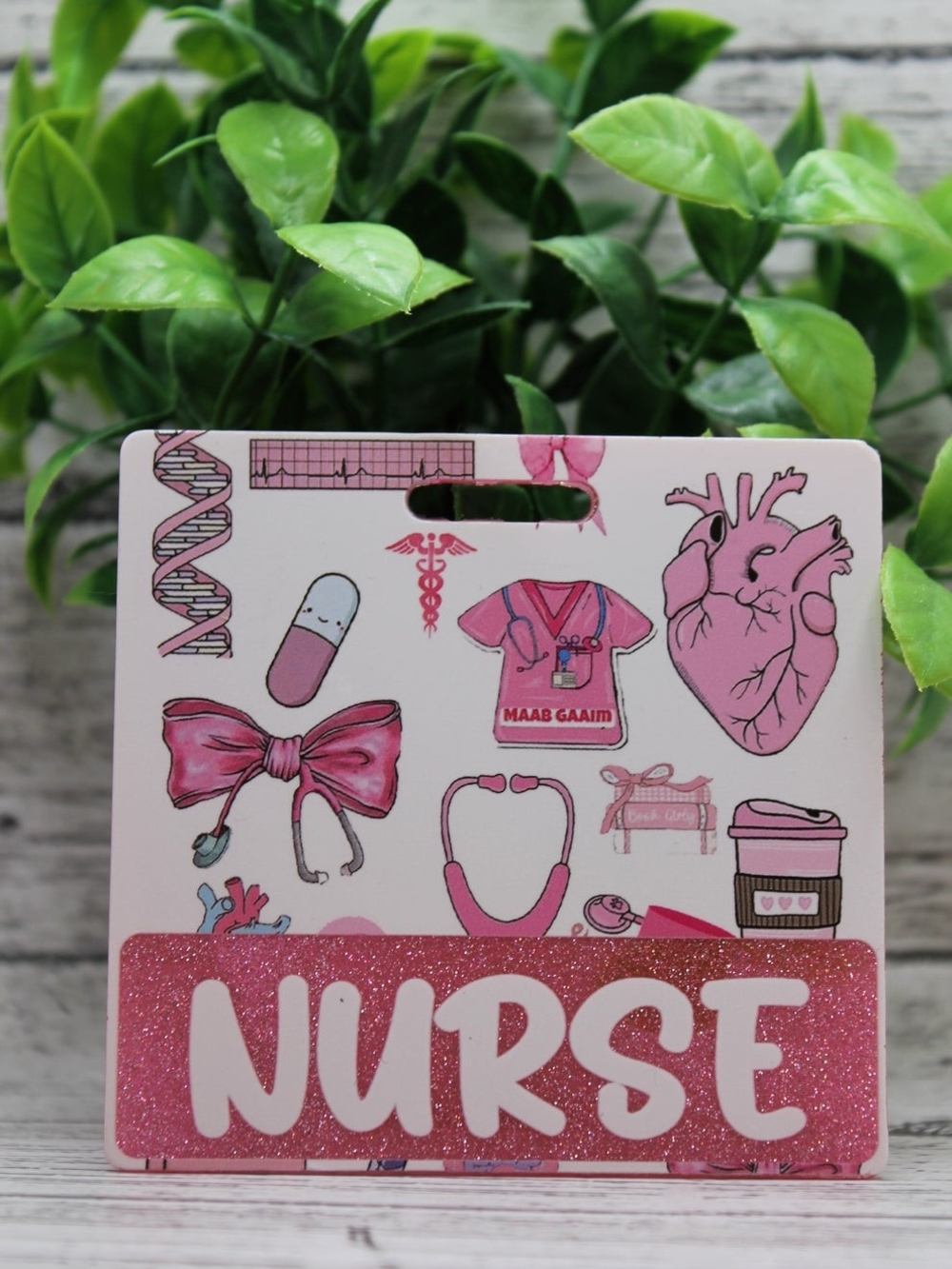 Pink Nurse ID Badge Holder with Medical Icons